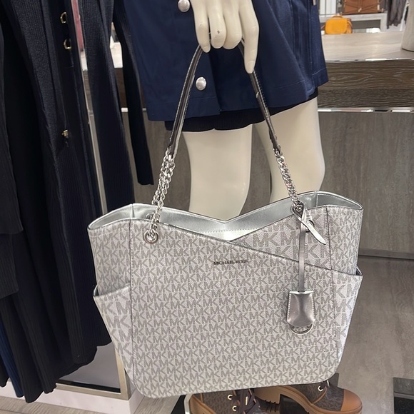 Michael Kors Jet Set Travel Large Chained Tote Shoulder Bag MK Silver - Picture 13 of 16